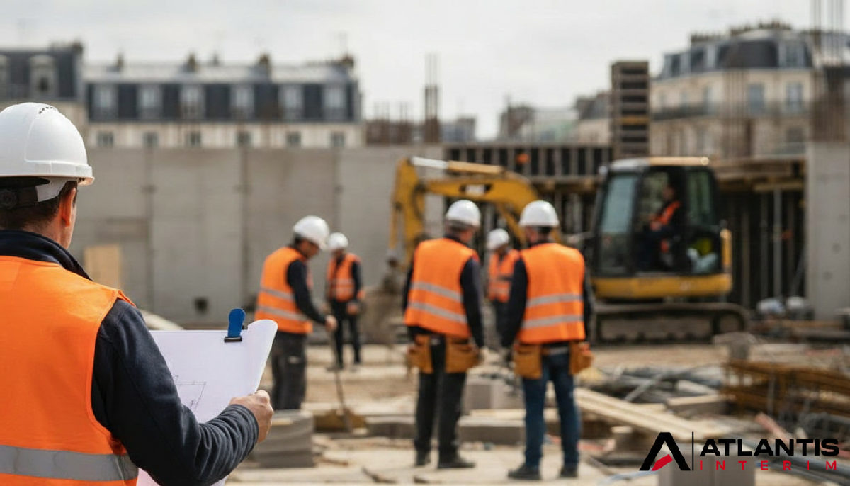Ouvriers sur chantier en France, casques et gilets visibles.