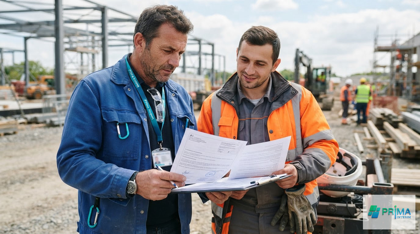 Un employeur français et un ouvrier roumain examinent un contrat de travail.