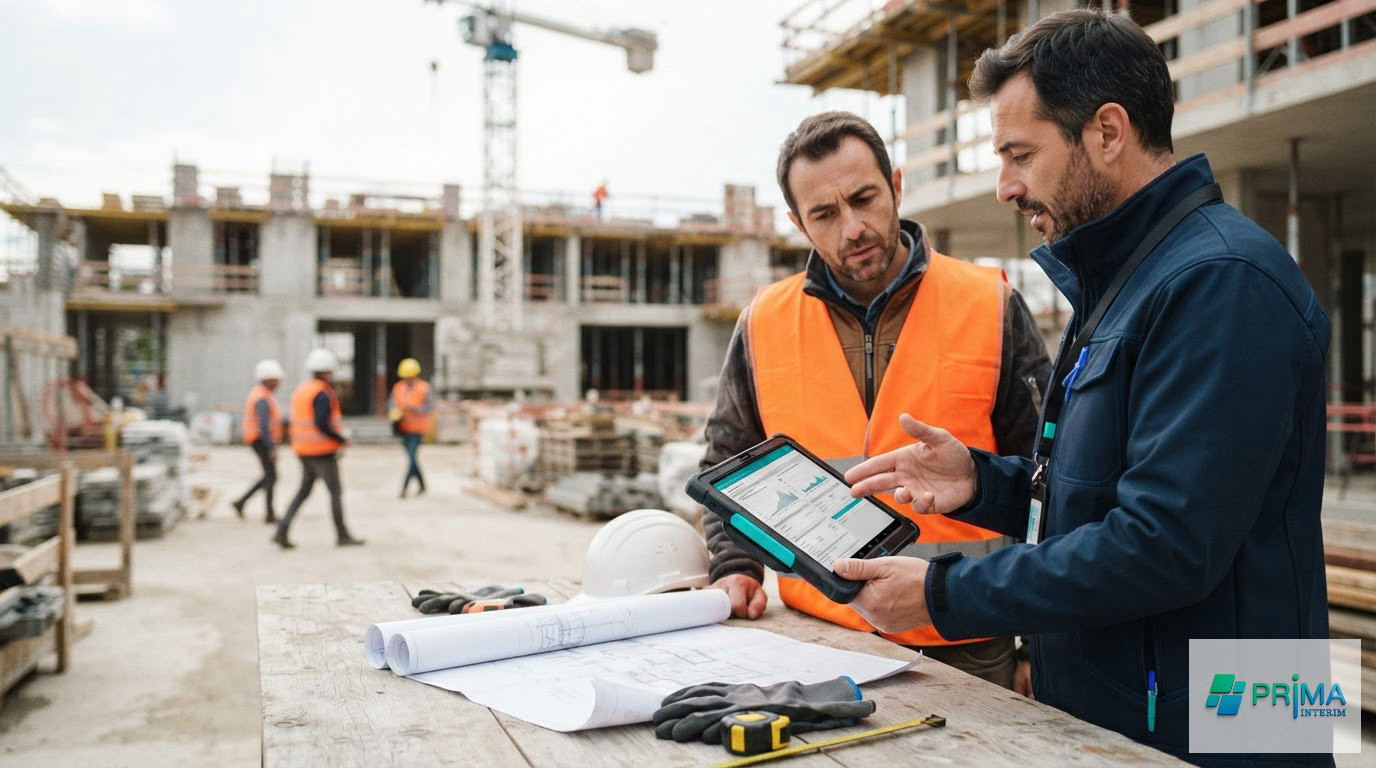 Un inspecteur du travail vérifie la conformité sur tablette avec un responsable.