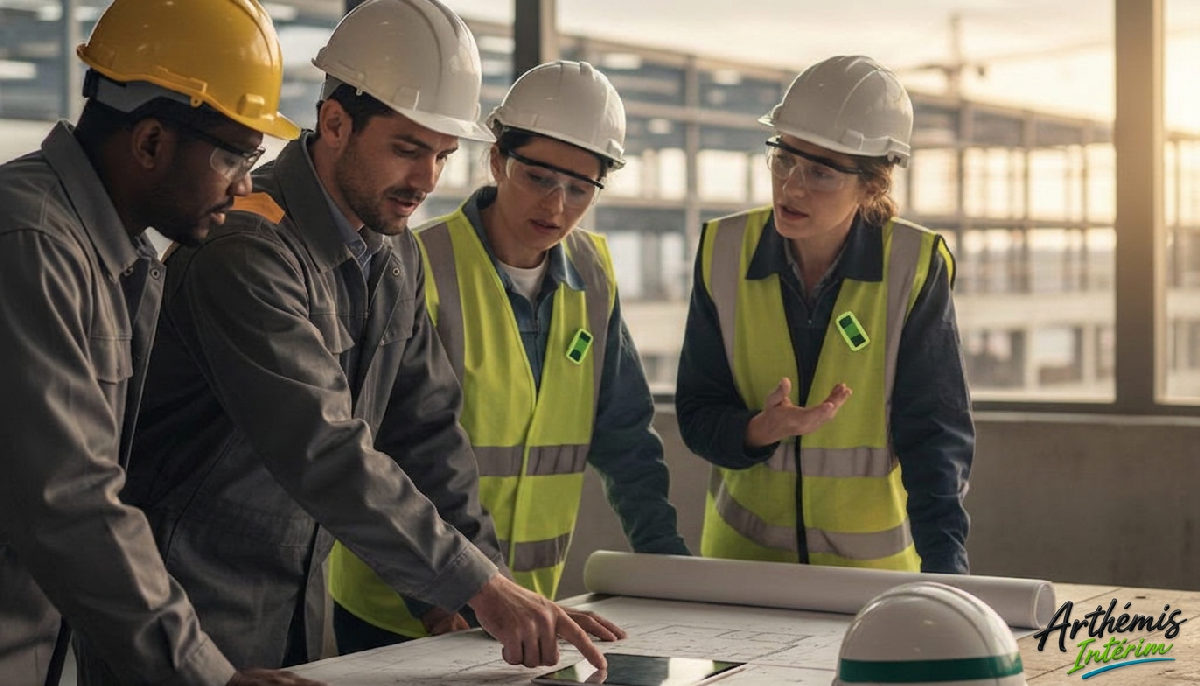 Intégration réussie : électricien roumain et responsable français sur chantier.