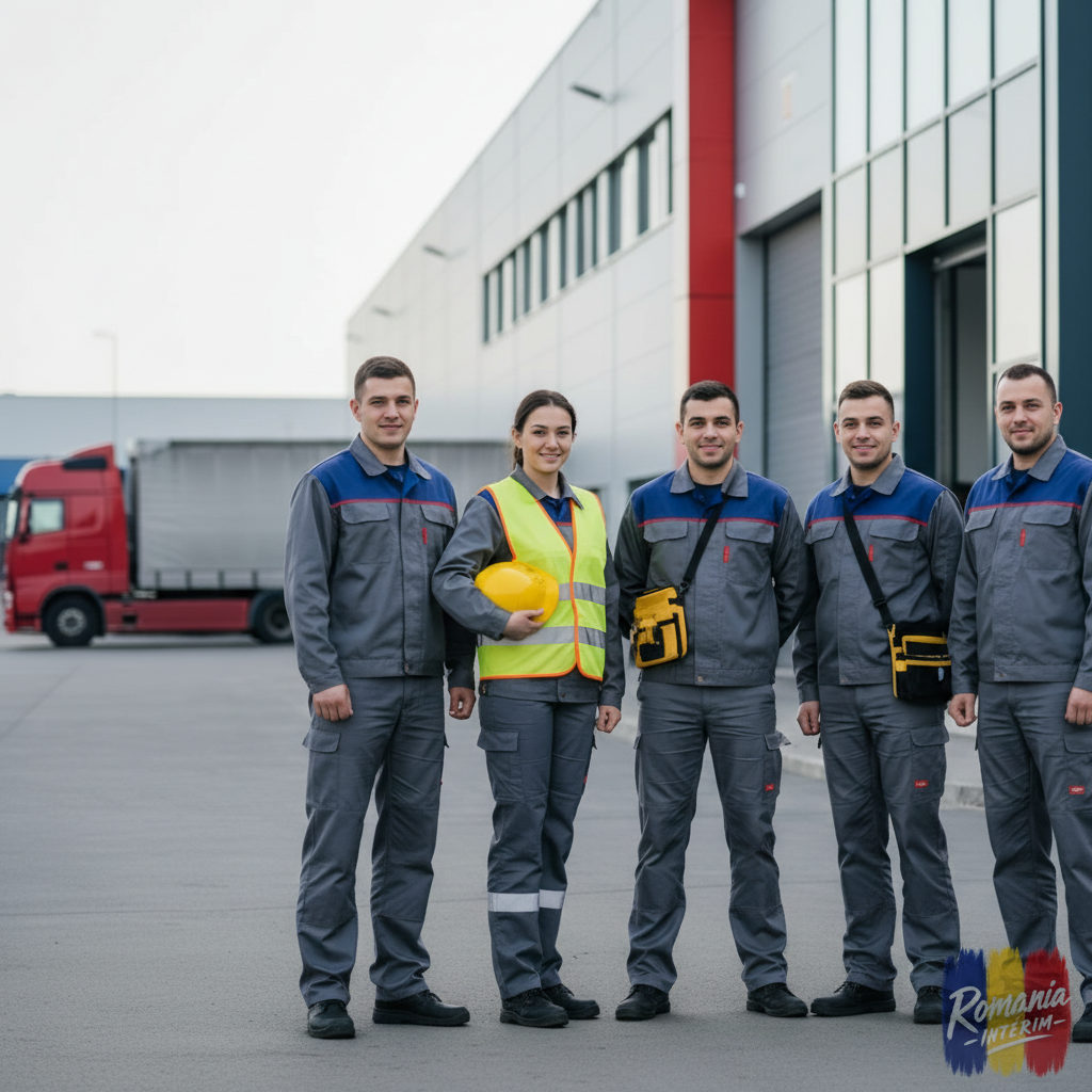 Techniciens roumains souriants devant un entrepôt logistique en France.