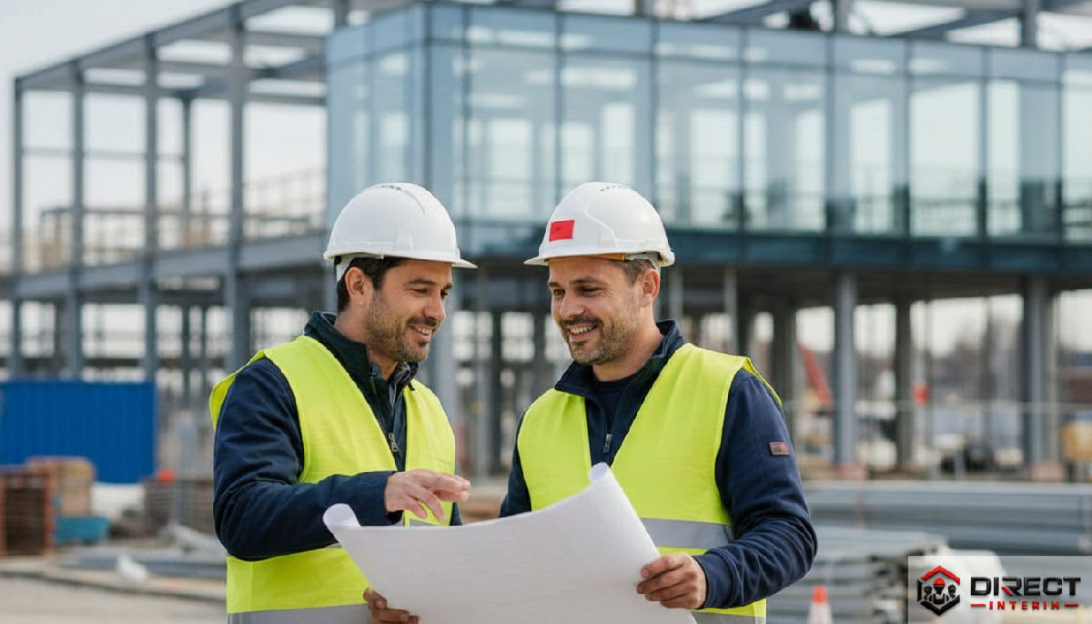 quelle assurance pour intérimaire roumain en france - Chef de chantier et ouvrier roumain sur un site de construction.