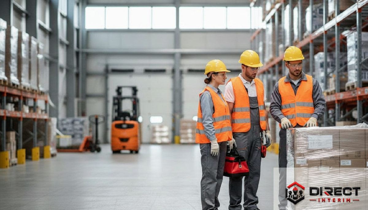 Entrepôt logistique avec travailleurs portant des EPI aux normes européennes.