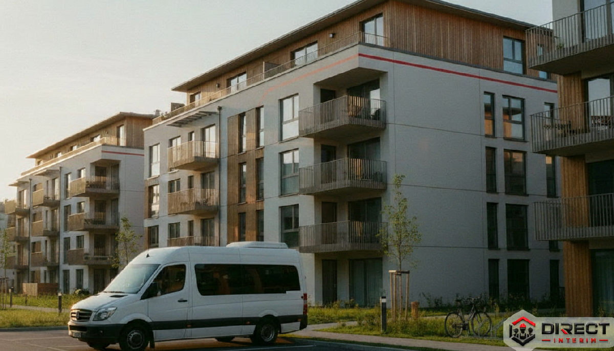 Logements modernes pour intérimaires avec véhicule de transport d'entreprise.