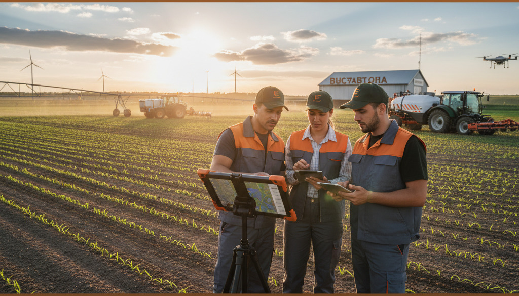 Travailleurs agricoles bulgares utilisant des tablettes pour l'agriculture de précision.