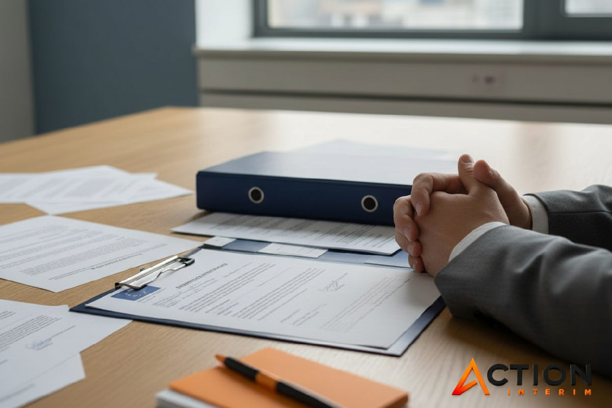 Bureau RH gérant des contrats de travail européens pour intérimaires.