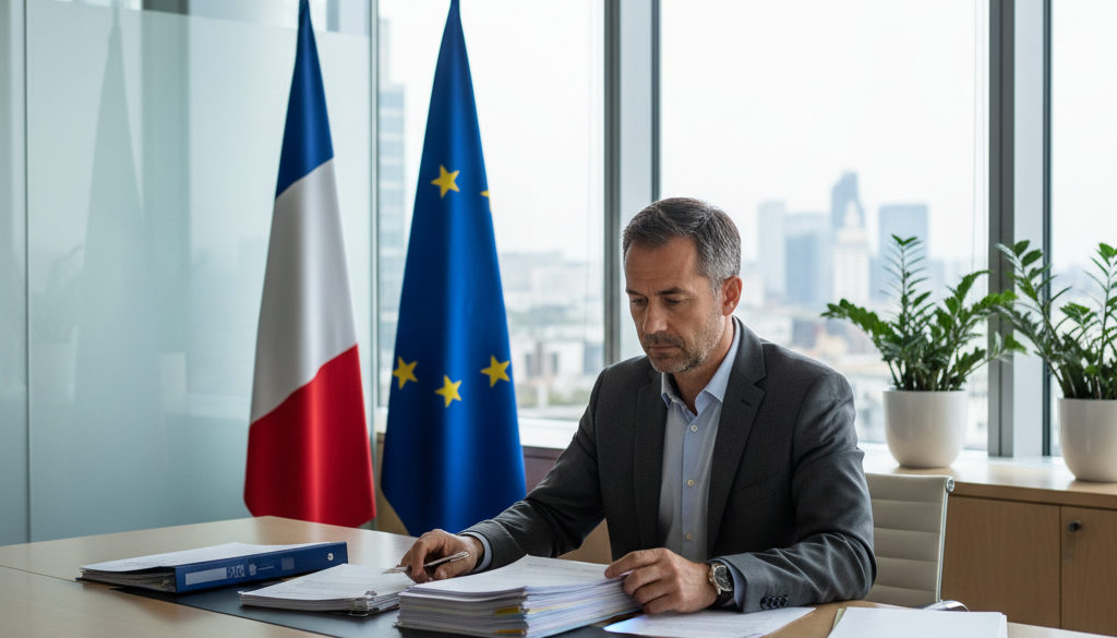 audit contrôle salariés détachés France – Inspecteur du travail vérifiant la conformité RH, drapeaux France et UE.