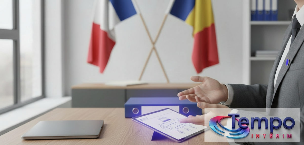 Drapeaux français et roumains symbolisant la coopération administrative.