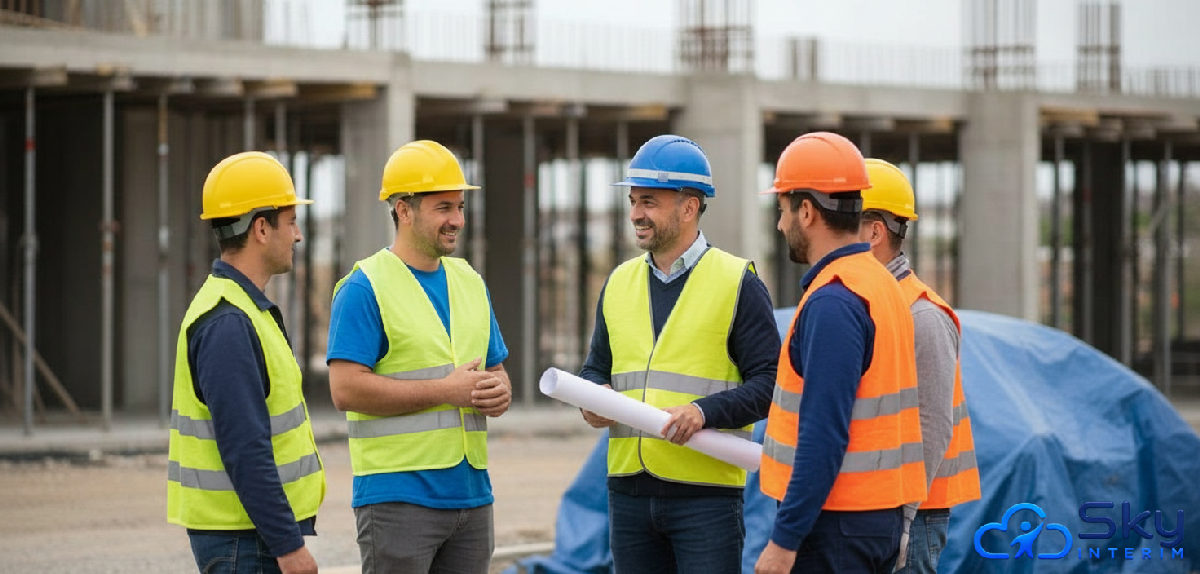comment réduire le turnover ouvriers roumains - Chef de chantier et ouvriers roumains sur un site de construction.