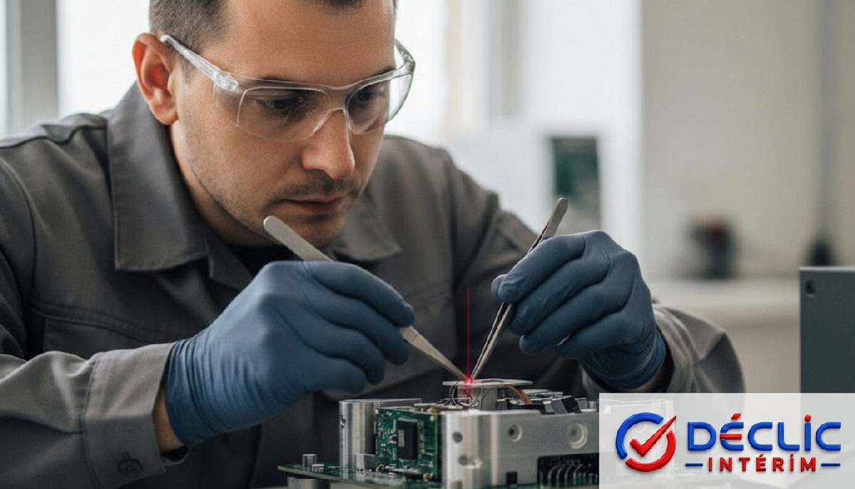 Technicien roumain concentré sur une tâche industrielle de haute précision.
