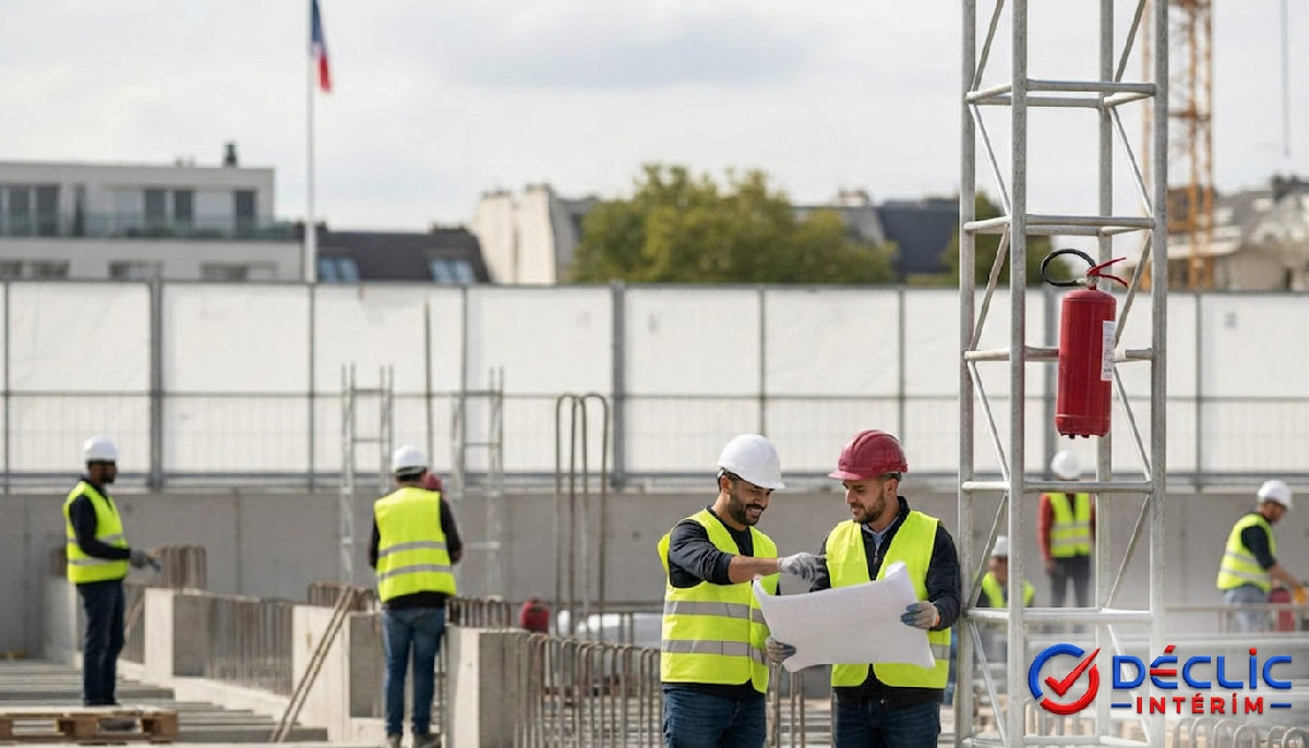Travailleurs roumains et français côte à côte sur un chantier en France.