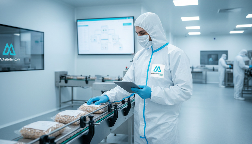 travailleur détaché agroalimentaire - Un travailleur agroalimentaire dans un environnement de chambre blanche.
