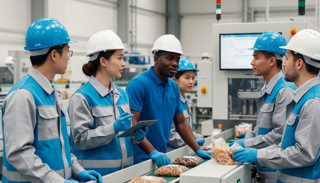 Une équipe diversifiée travaillant sur une chaîne de conditionnement agro-industrielle.