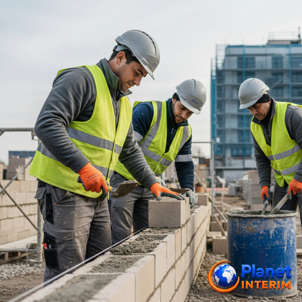 trouver maçons roumains qualifiés BTP France - Maçons roumains qualifiés travaillant sur un chantier français.