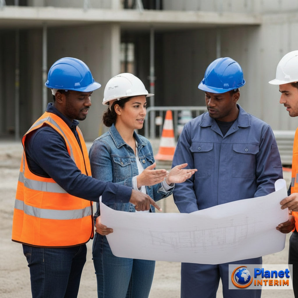 Ouvriers, français et roumains, collaborant sur un plan de chantier.