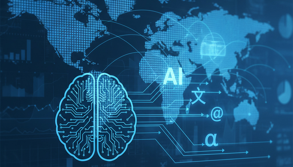 Digital illustration of AI creating content in diverse languages.