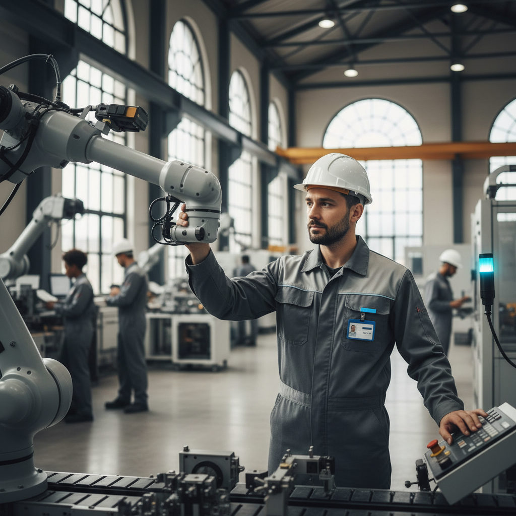 A professional industrial worker from Romania working in a modern French factory, illustrating the theme of métiers tension industrie travailleurs roumains.