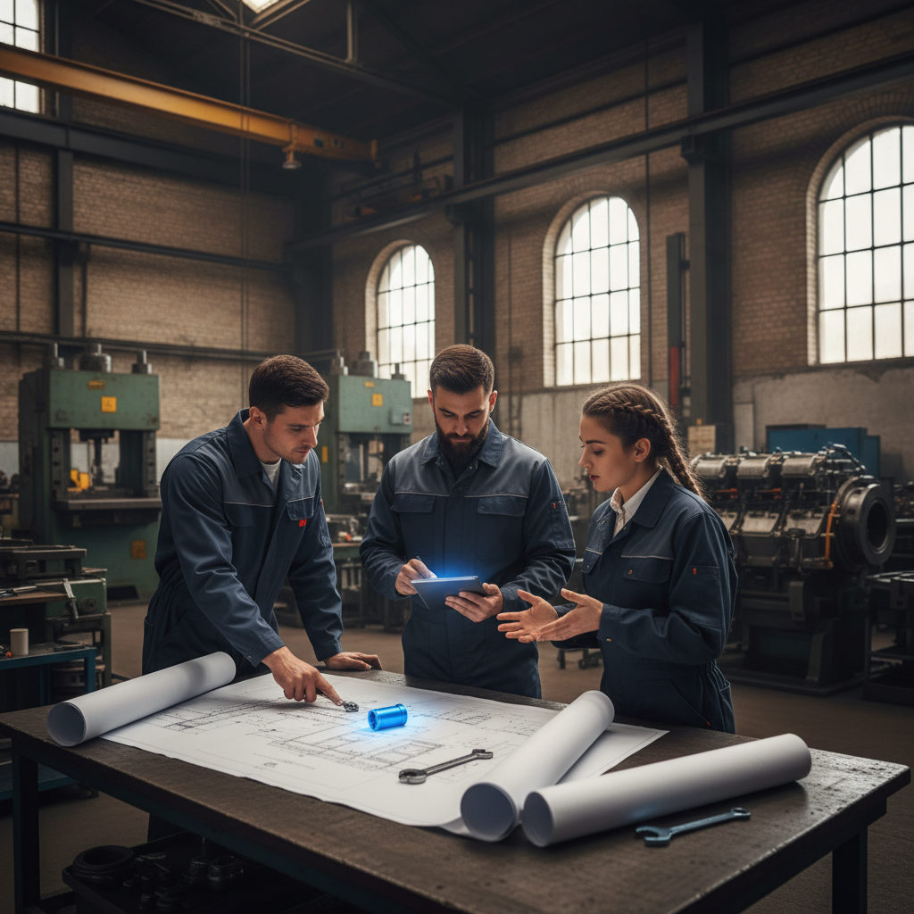 A group of qualified Romanian mechanics discussing technical blueprints in a French industrial setting, high quality, professional atmosphere.