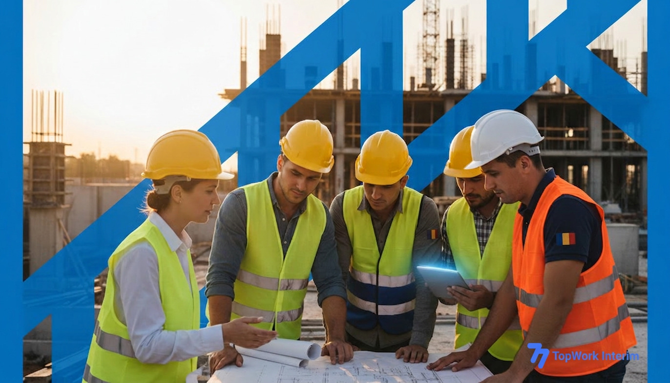 Chef de chantier et ouvriers roumains sur un site BTP.