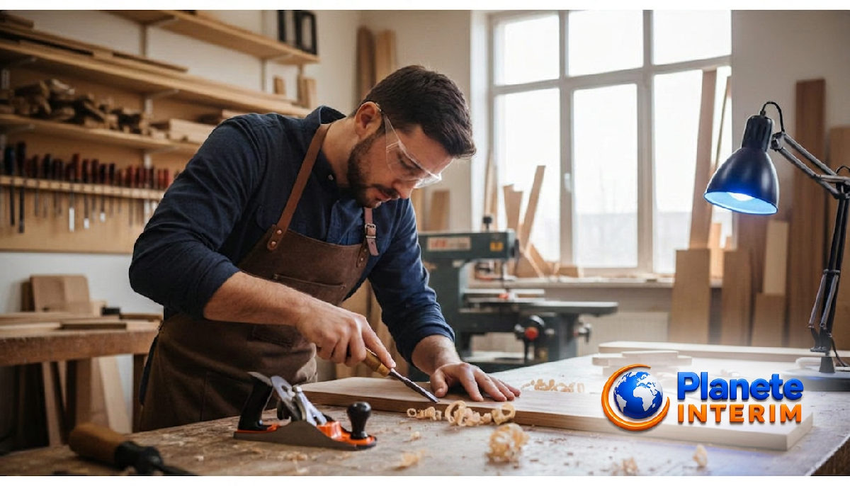 Menuisier roumain qualifié travaillant le bois avec précision sur un chantier.