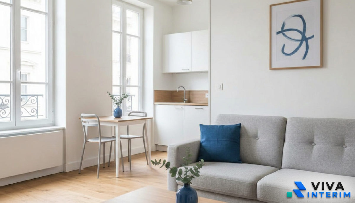 Intérieur d'un appartement spacieux et lumineux aux normes françaises.