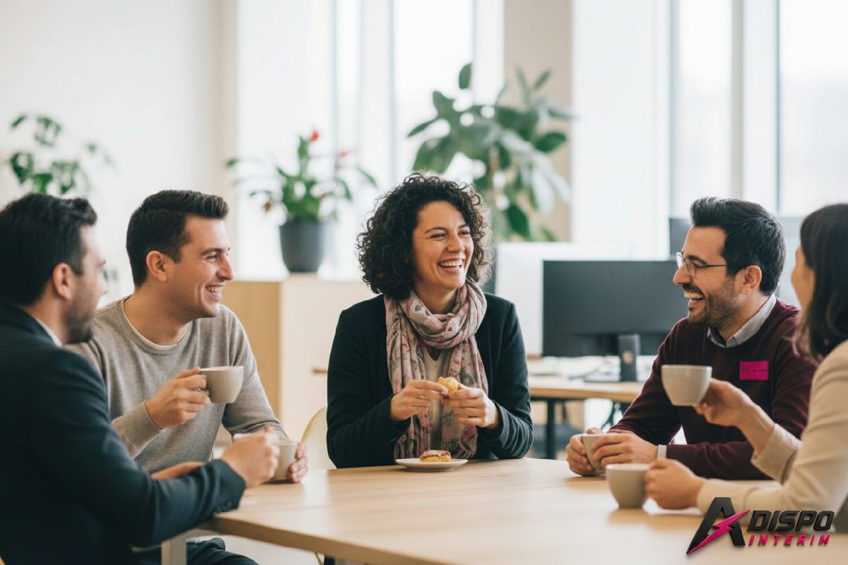 Équipe mixte française et roumaine partageant un moment convivial.