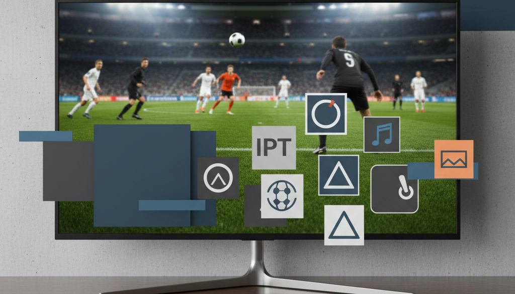 Fußball live Deutschland: IPTV mit Roeya 2 IPTV Fußball live Deutschland – Moderner Fernseher mit IPTV-Fußballspiel und App-Icons.