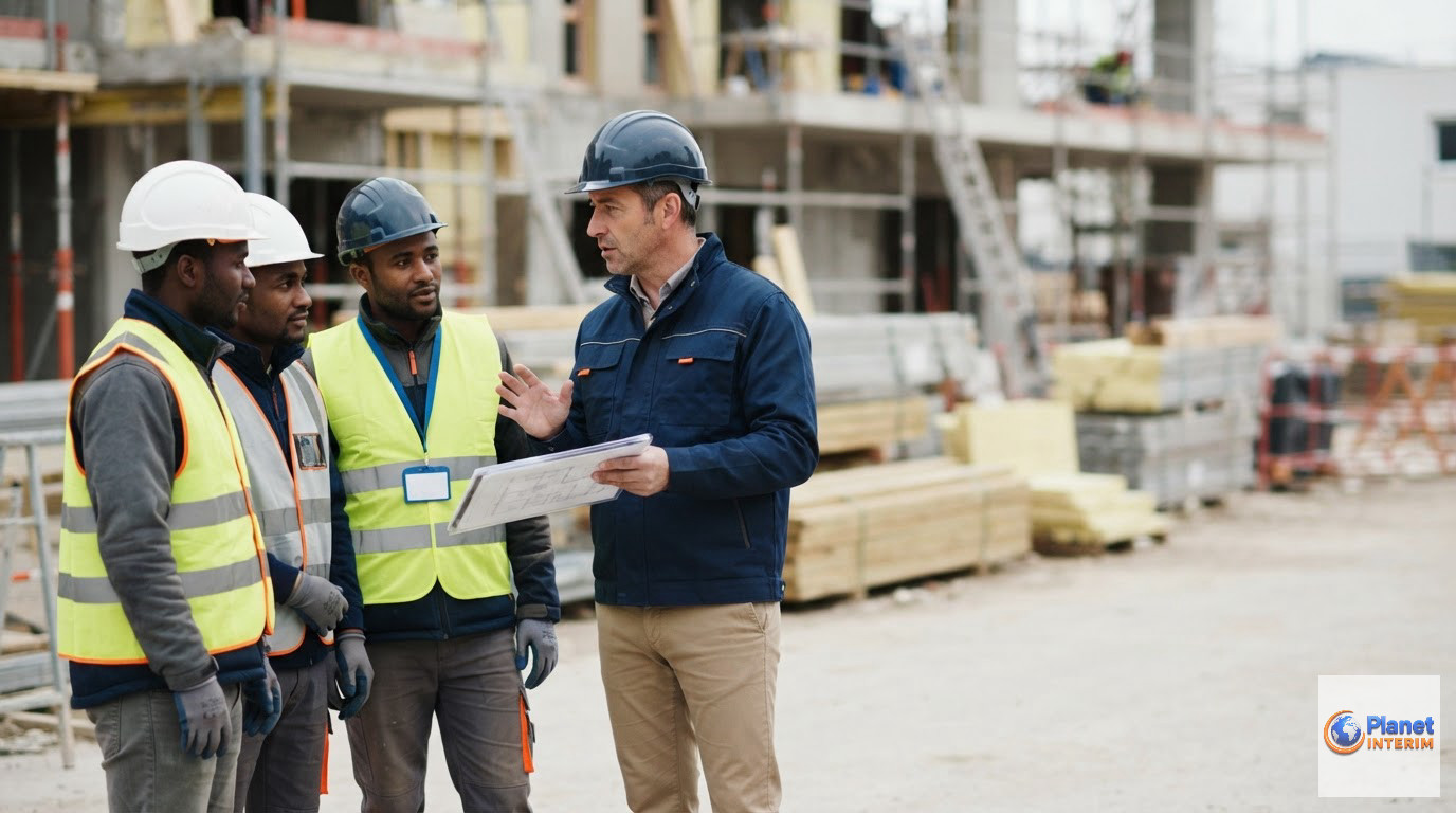 mesurer productivité équipe intérimaires roumains - Un manager discutant des objectifs avec des ouvriers sur un chantier.
