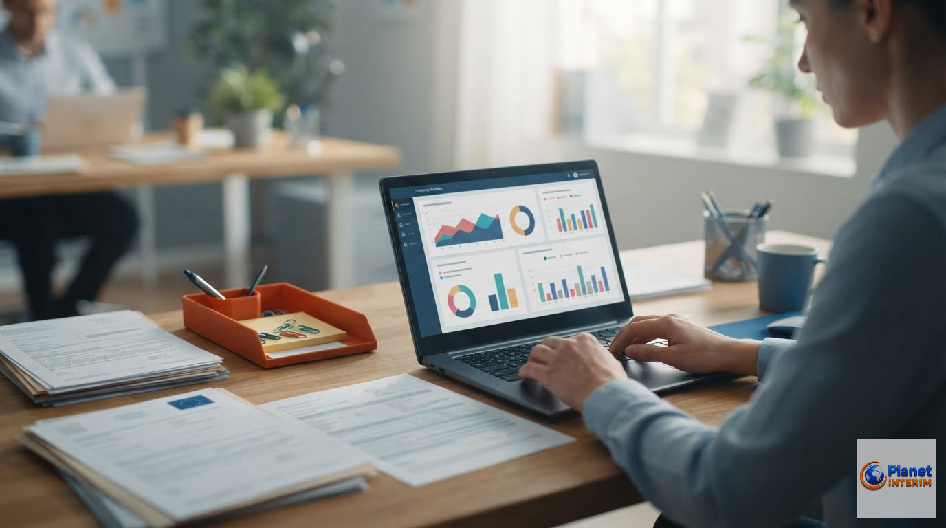 Un bureau avec des documents administratifs et un tableau de bord RH.