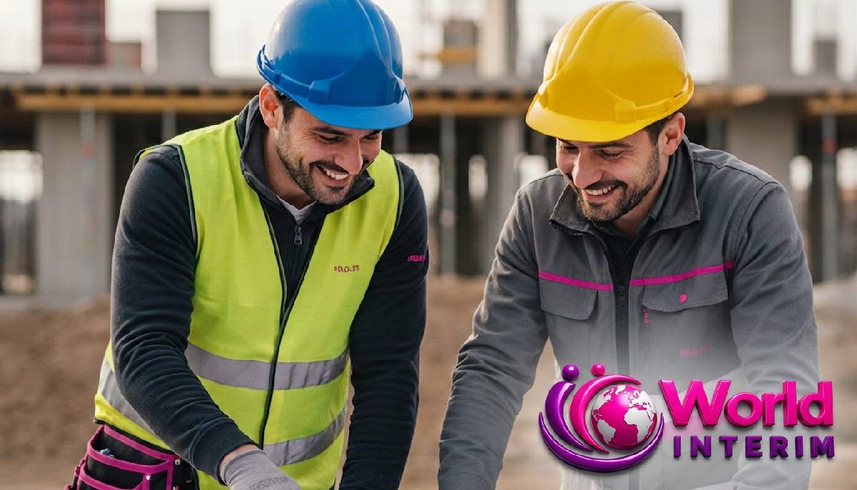 Travailleurs français et roumain collaborant sur les plans, souriants.