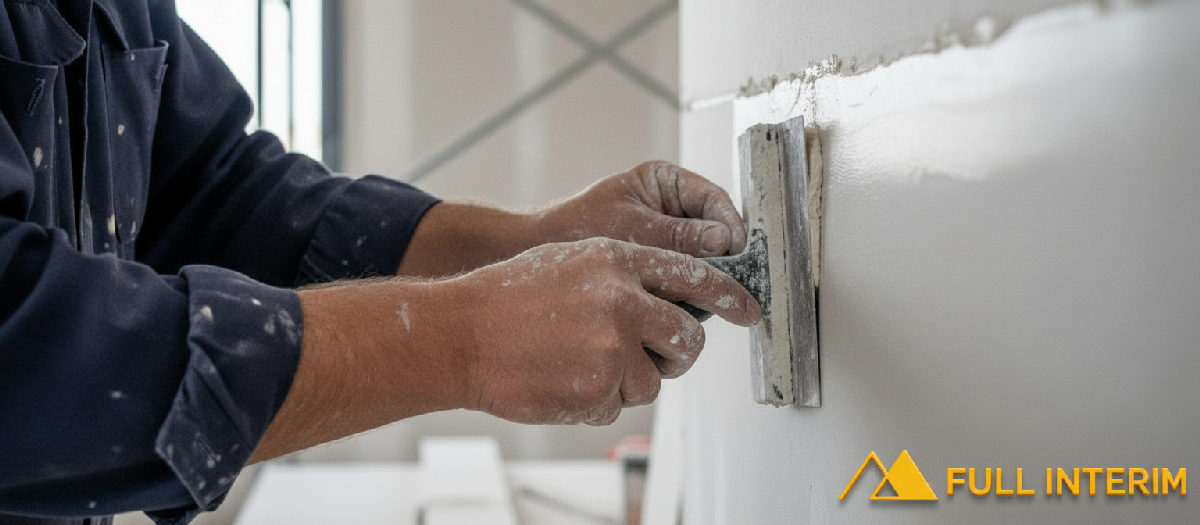 Mains d'artisan réalisant un jointoiement précis sur du plâtre.