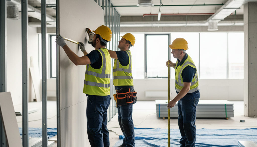 Équipe de plaquistes travaillant ensemble sur un chantier.