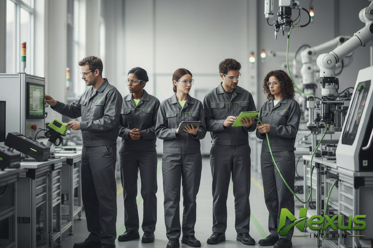 Équipe d'intérimaires dans une usine high-tech lors d'un pic d'activité.