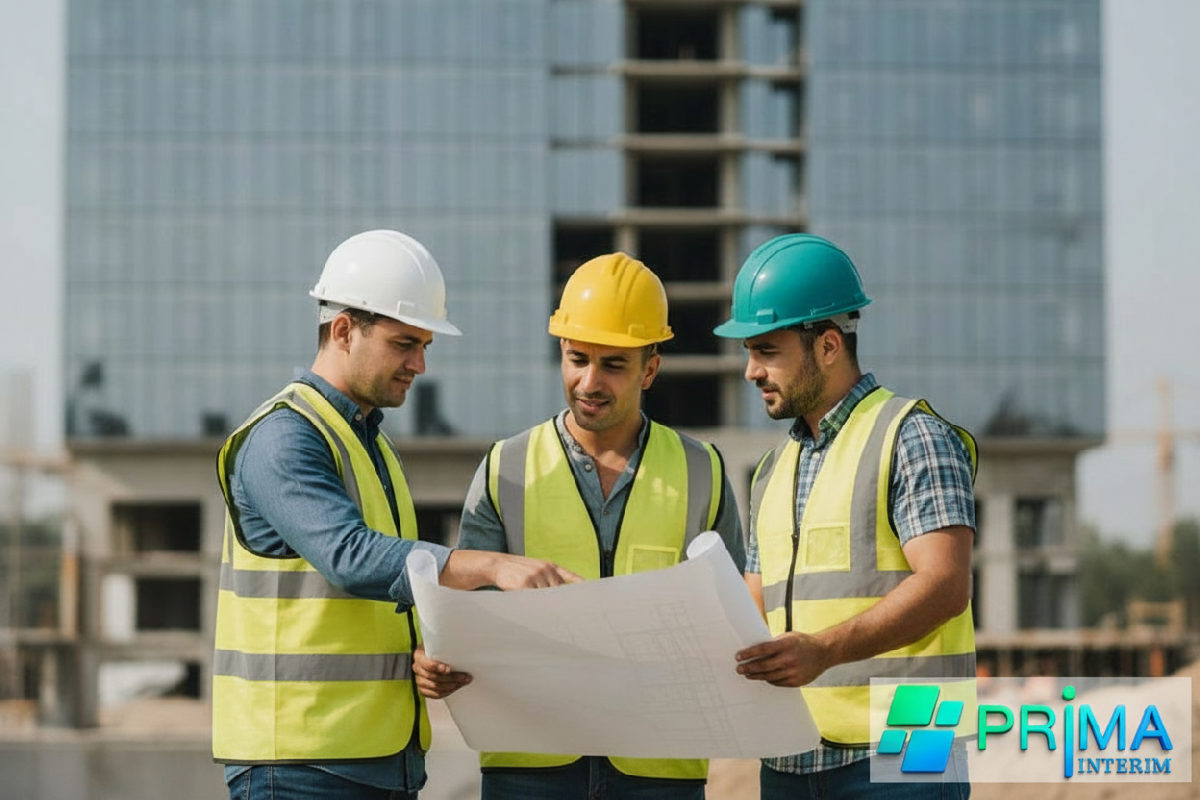 prima intérim recrutement roumanie - Chantier de construction moderne avec des ouvriers qualifiés.