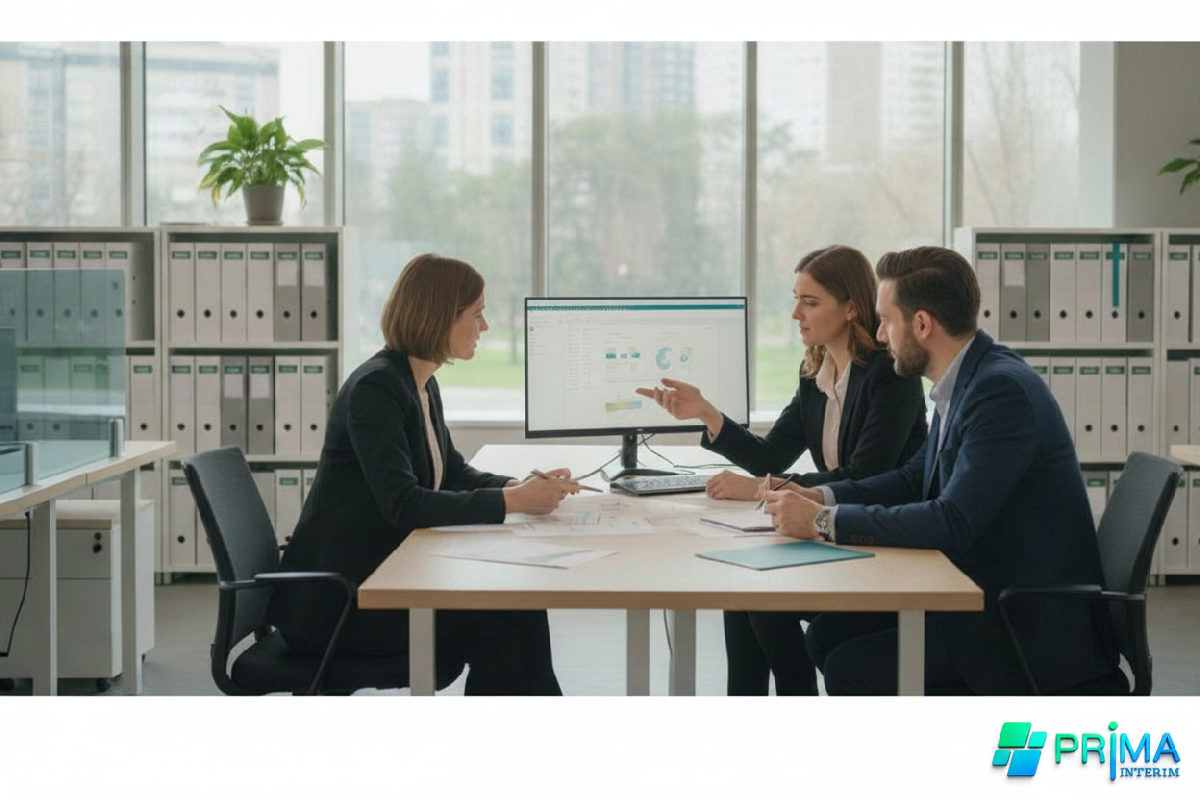 Bureau de RH : collaboration professionnelle et documents organisés.