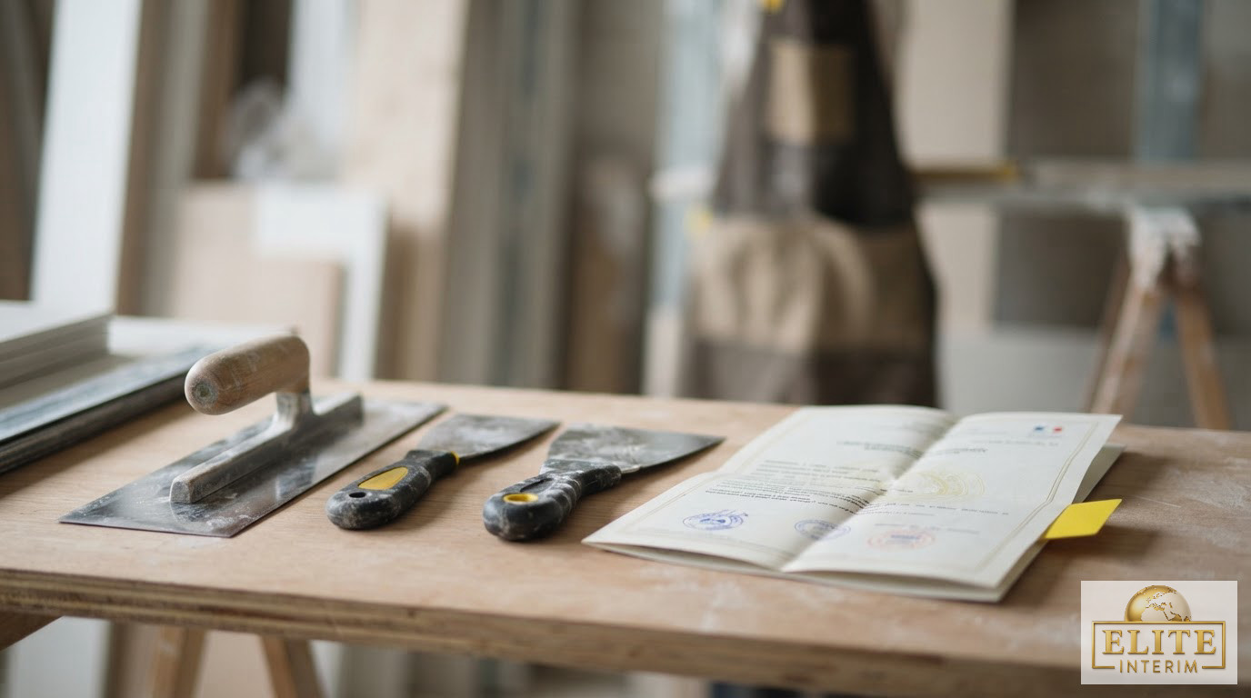 Outils de plaquiste et certificat professionnel témoignant du respect des normes.