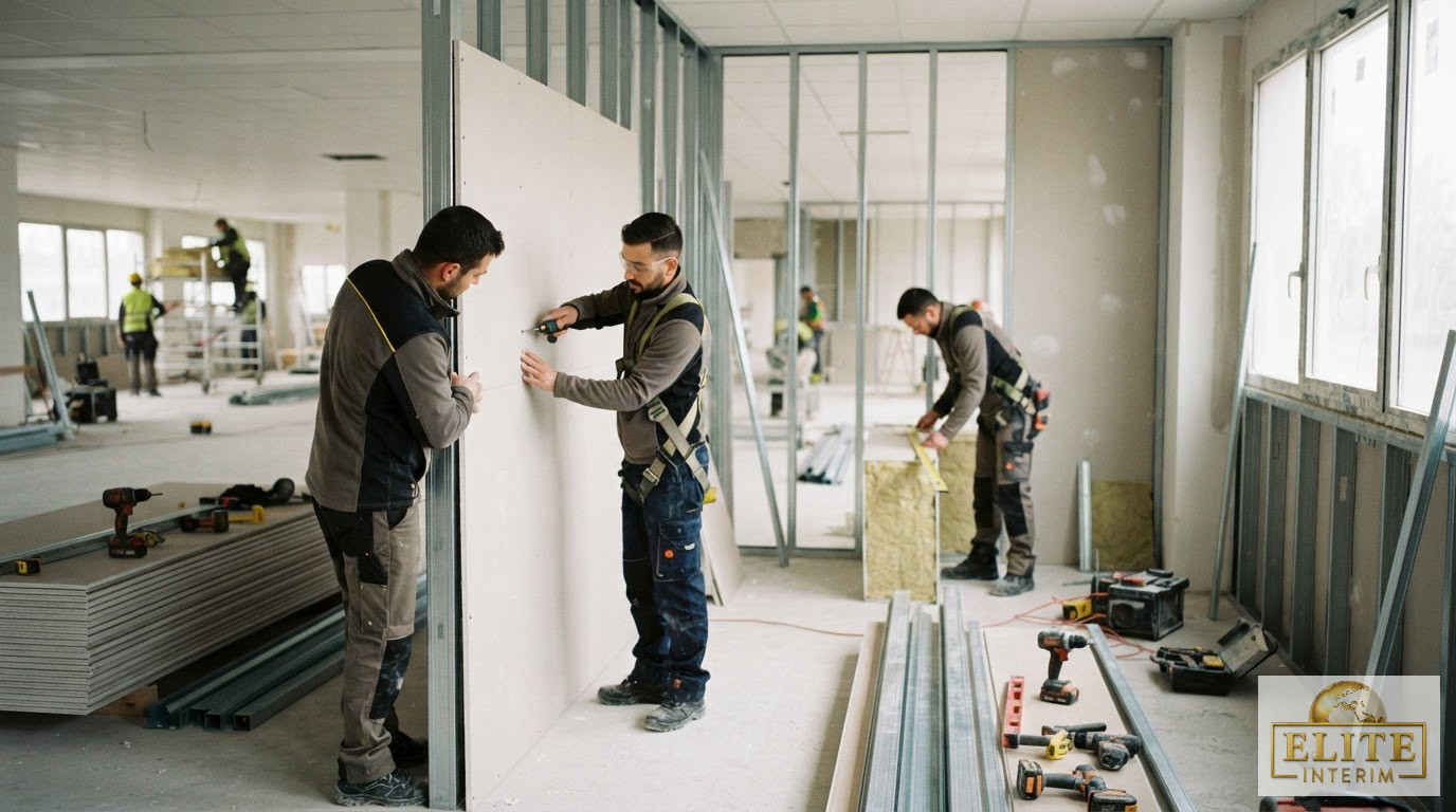 Une équipe de plaquistes qualifiés travaillant ensemble sur un chantier de bureaux.