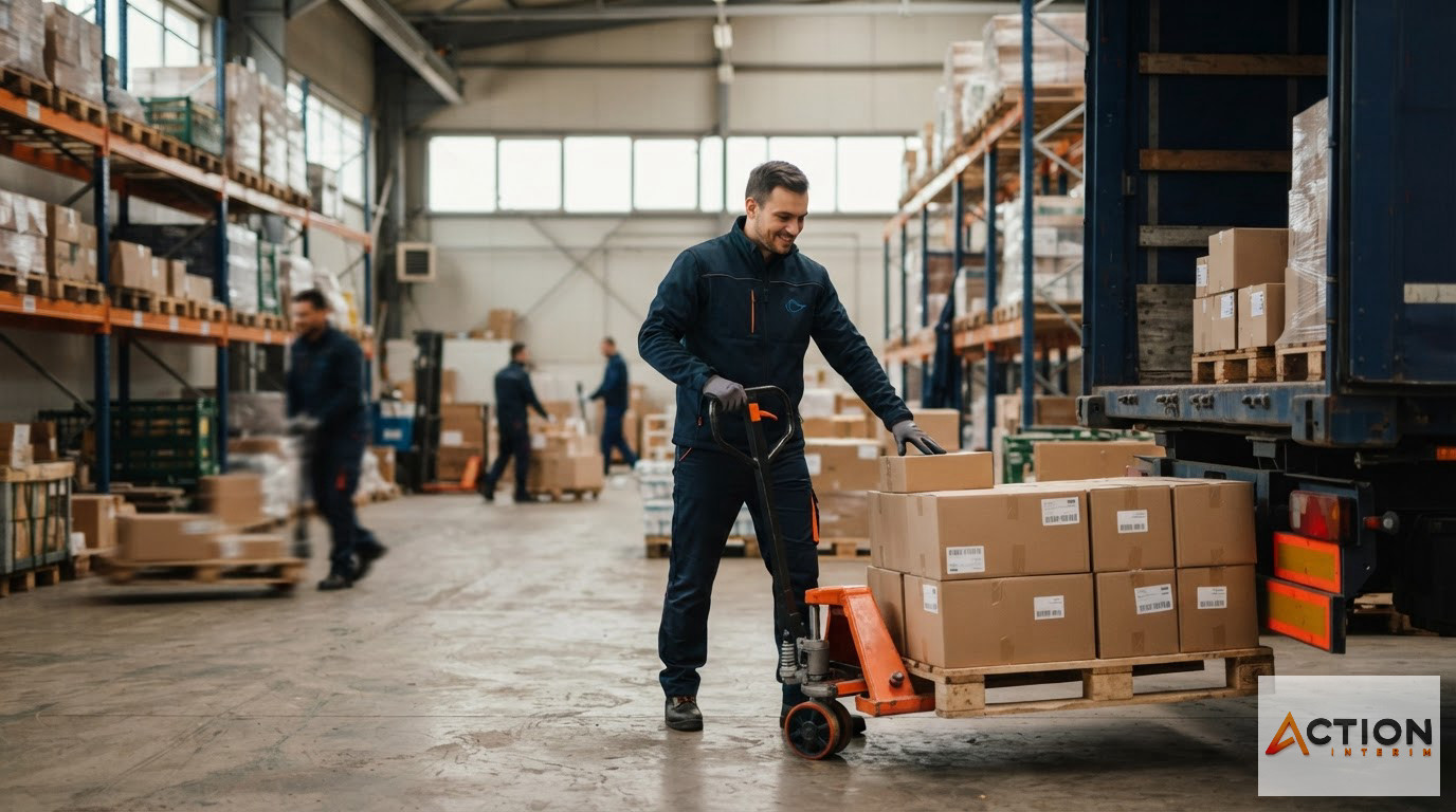 Professionnels de la logistique chargeant des marchandises dans un entrepôt.
