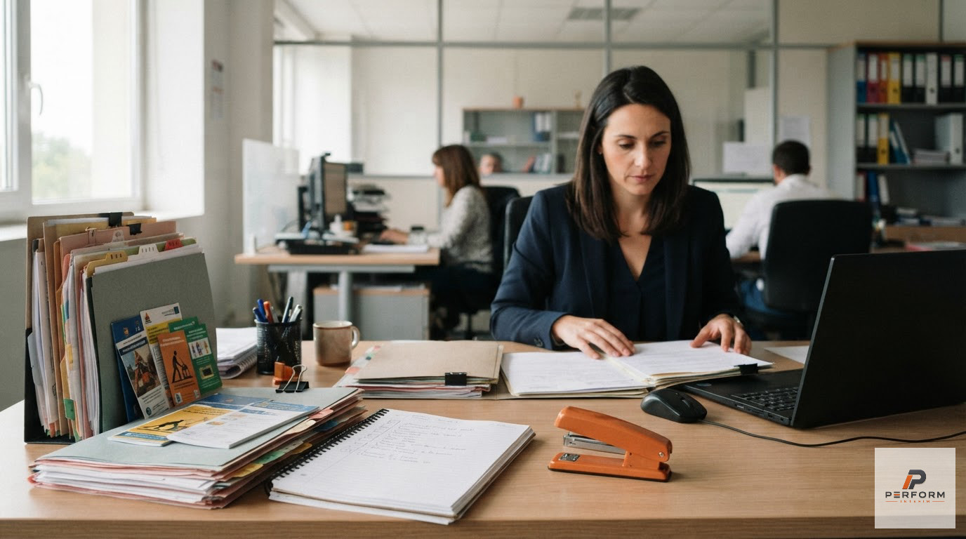 Bureau RH organisé contenant des dossiers de recrutement et certificats de sécurité industrielle.