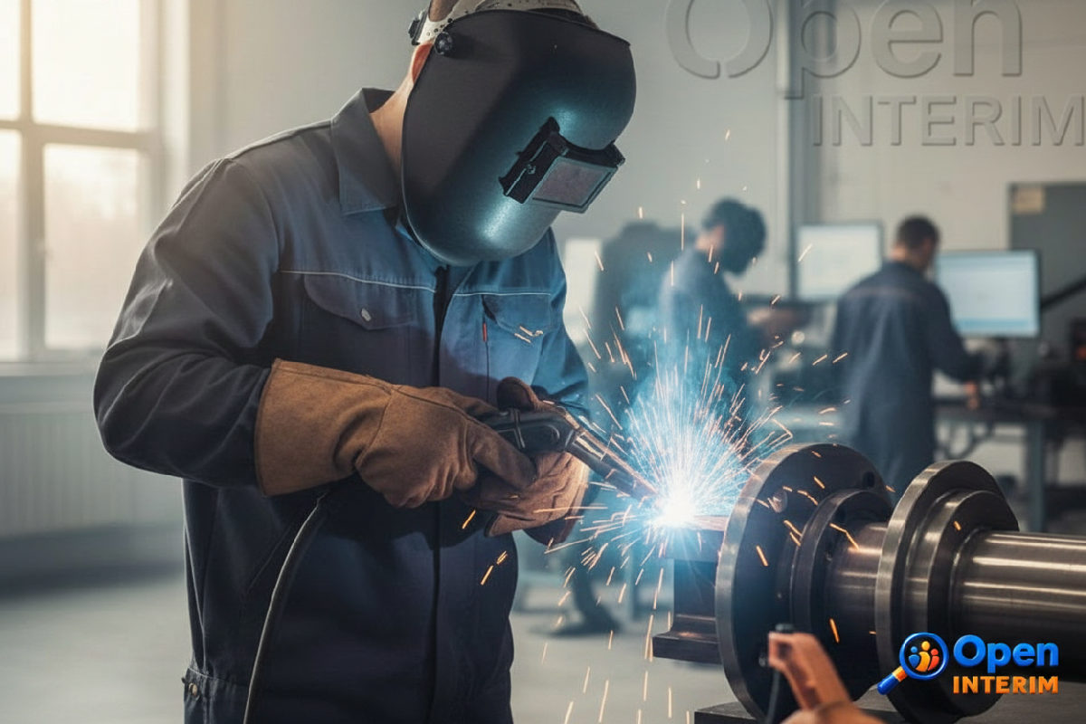Ouvrier roumain effectuant une soudure de précision.