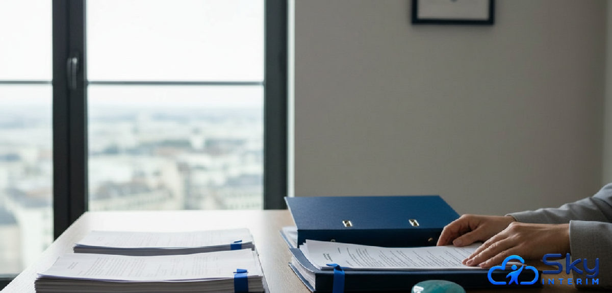 Bureau RH examinant des contrats de travail européens.