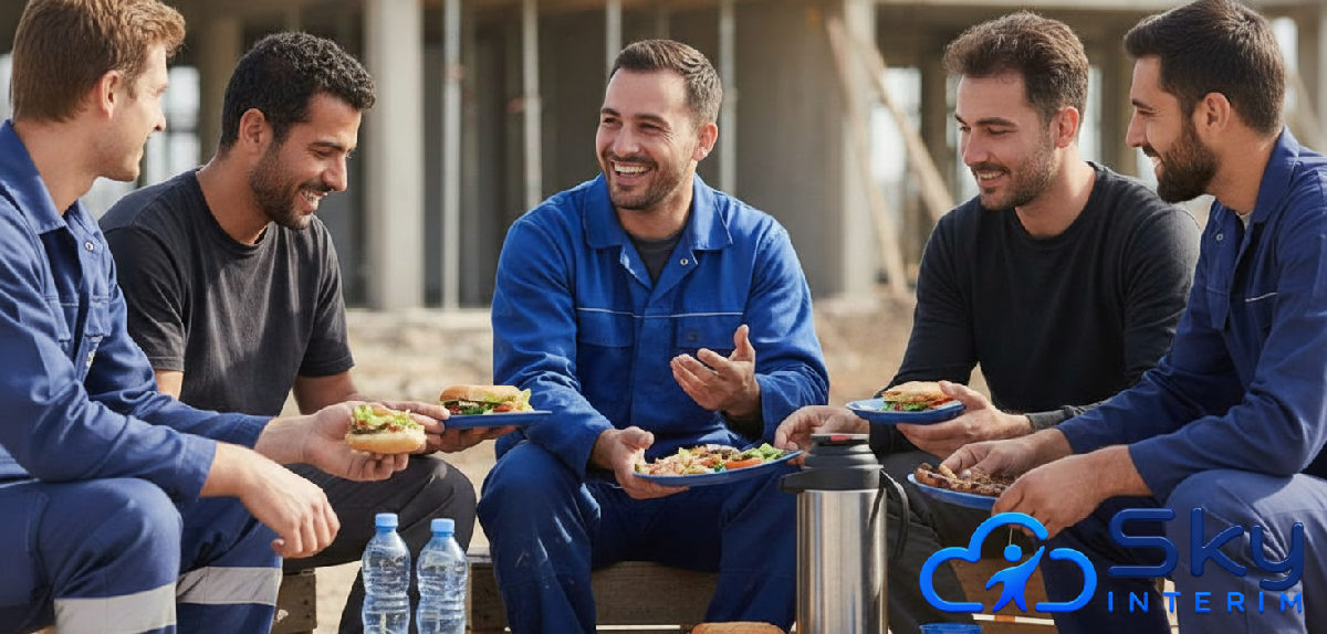 Ouvriers multinationaux partageant un repas convivial à la pause.