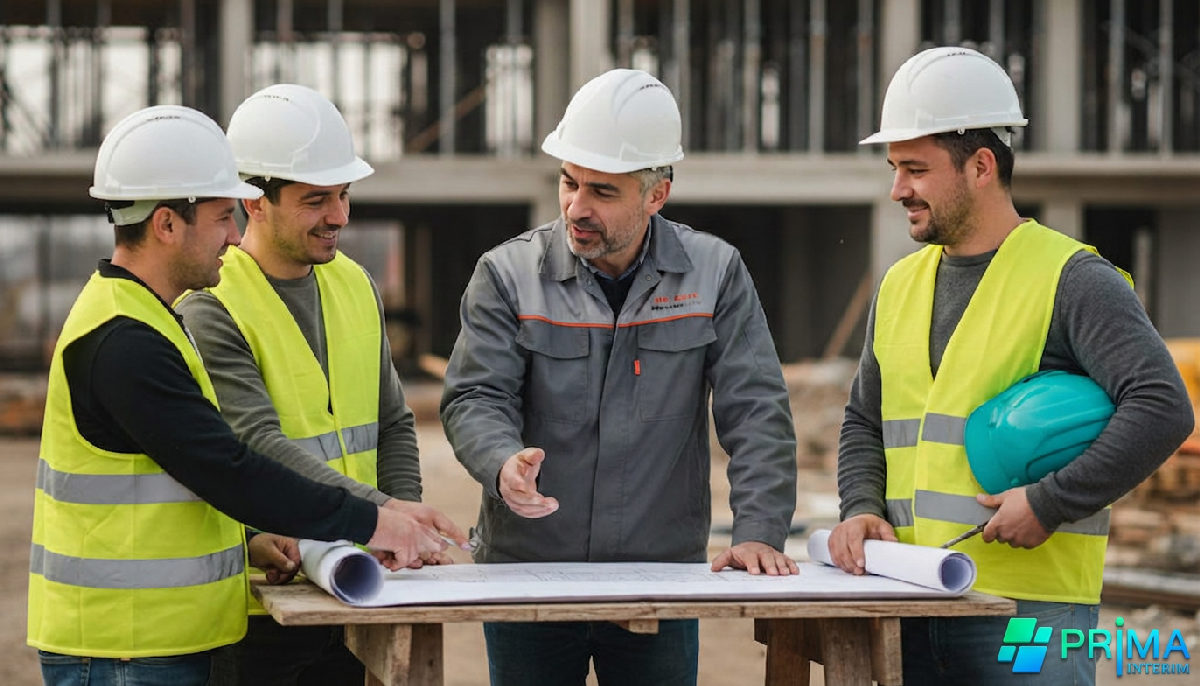 Réunion de chantier : équipe française et roumaine discutant d'un plan.