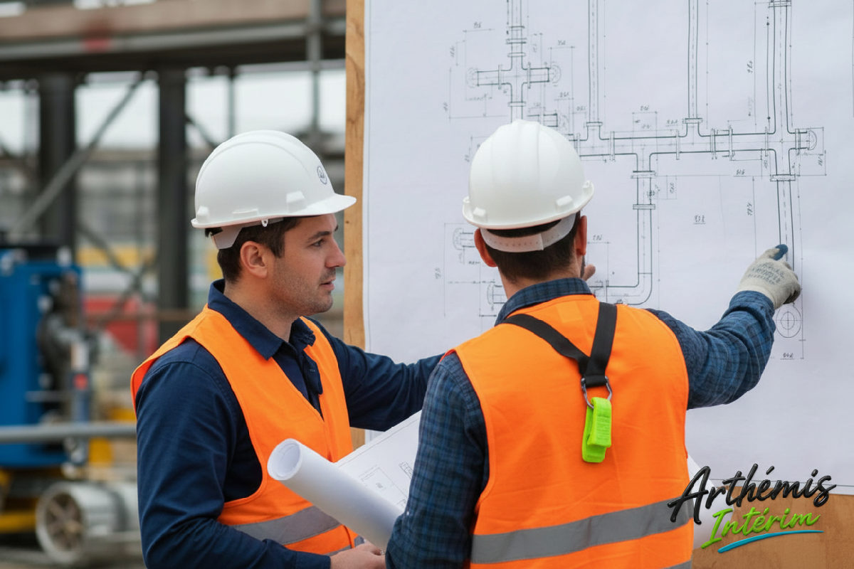 Chef de chantier et ouvrier discutant devant un plan technique.