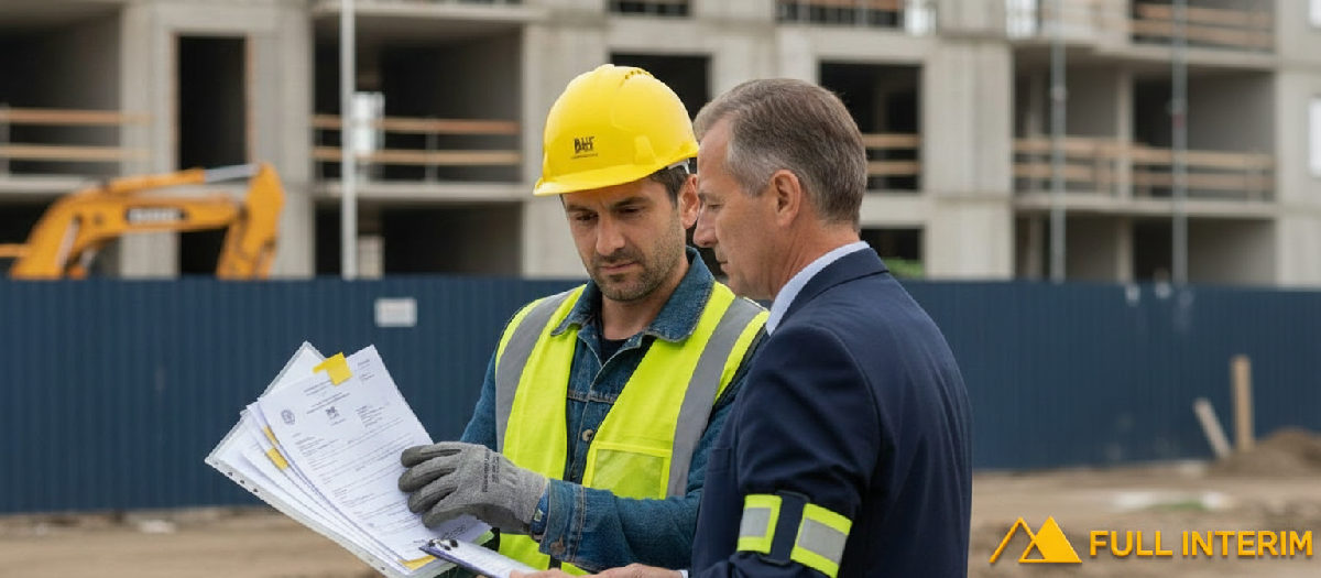 Ouvrier roumain sur chantier présentant ses documents de travail à un inspecteur.