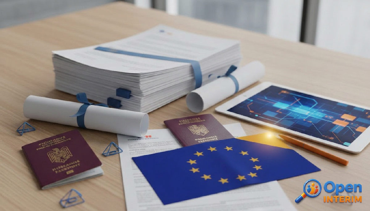 Documents administratifs et drapeau européen pour le recrutement roumain.