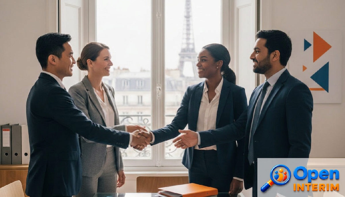 Équipe multiculturelle heureuse à Paris, symbole d'intégration réussie.