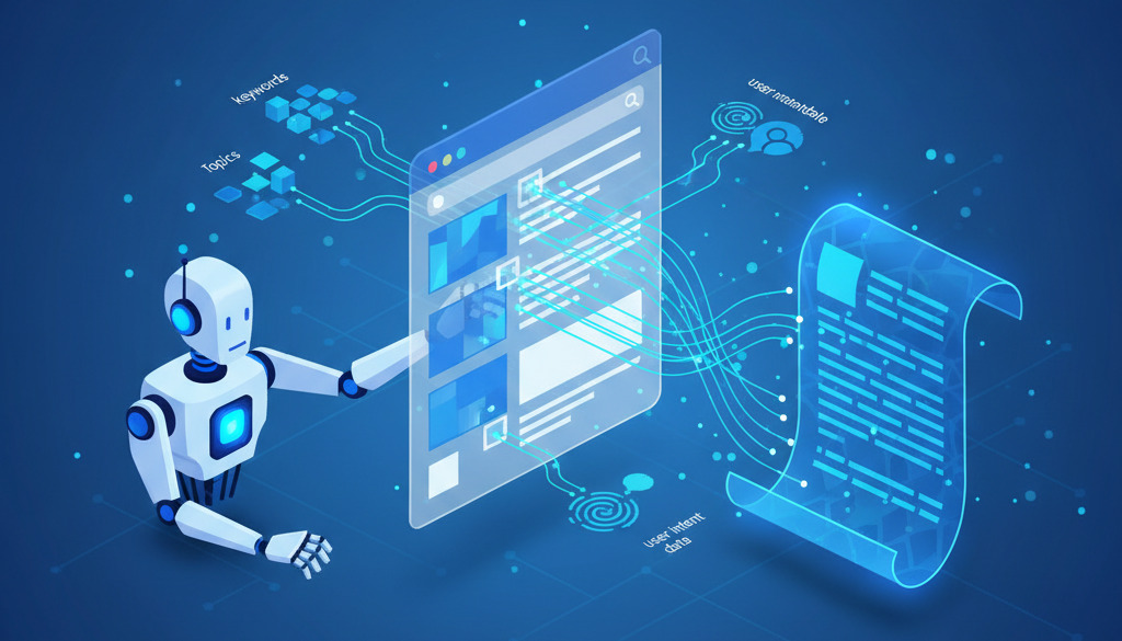 Un bot AI analizza i dati SERP per creare un articolo per il blog.