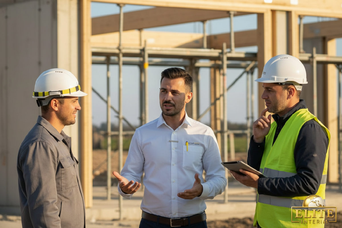 Conseiller Elite Intérim avec chef de chantier et ouvrier.