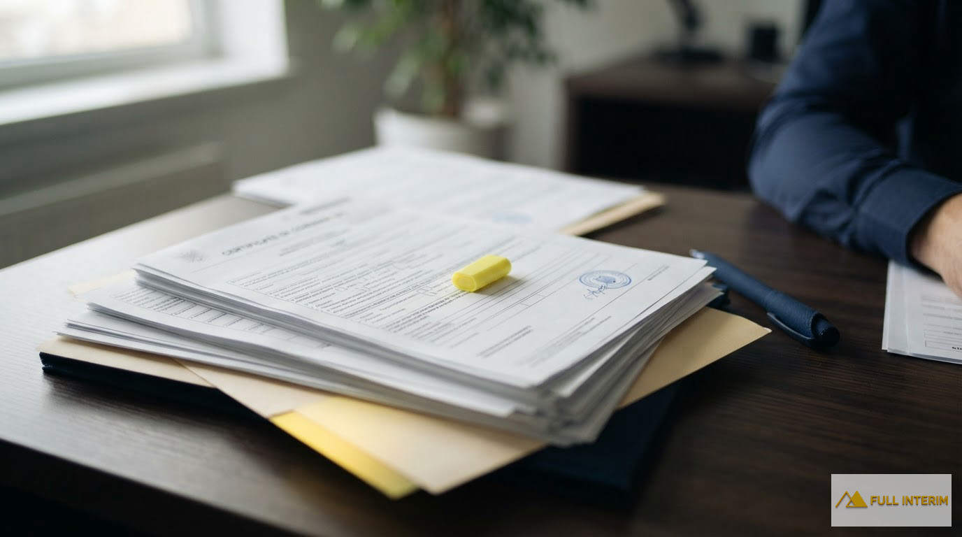 Documents de conformité sociale et certificat A1 sur un bureau de ressources humaines.